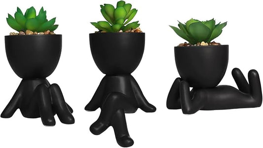 Zerzsy 3 PCS Cute Artificial Succulent Plants with Creative Human Shaped Pots, Mini Potted Plants, Faux Succulent Desk Decor for Home Office Shelf Decor (Matte Black)