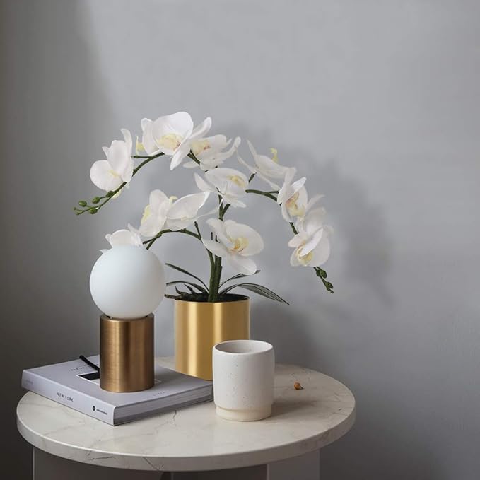 LESING Potted Artificial Orchid Flowers,Real Touch White Fake Artificial Orchid Flower in Gold Vase Arrangement for Table Living Room Decoration (White,Gold Vase)