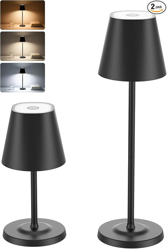 LED Cordless Table Lamp Rechargeable, 3-Height Adjustable, 5500mAh Battery Operated Lamp, 3-Color Dimming Touch Lamp, Portable Lamp for Dining, Bedroom,Camping, Outdoor, Indoor(Black 2 Pcs)