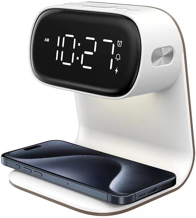 Digital Alarm Clock with Wireless Fast Charging Station 15W Touch Smart Lamp for Bedside,3 Colors Nightlight Adjustment Night Lamp for Living Room,Bedside,Heavy Sleepers (White+No Adapter)