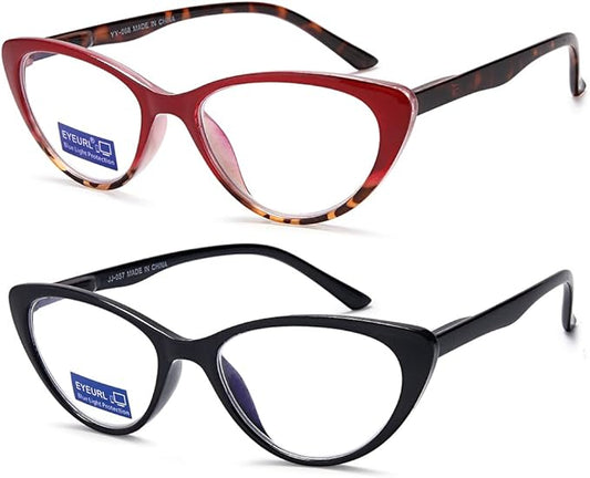 EYEURL Cat Eye Reading Glasses for Women - 2 Pack Blue Light Blocking Computer Readers 2.25 Spring Hinge Anti Glare/UV Ray Eyeglasses