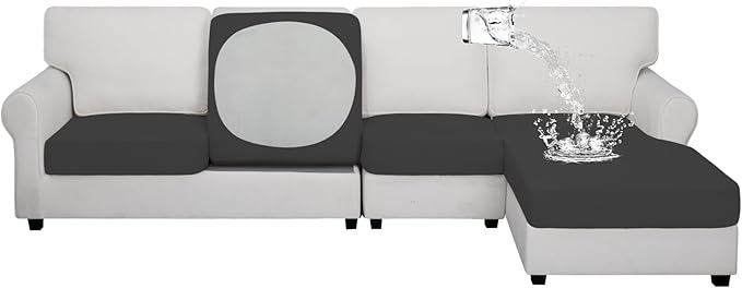Easy-Going 100% Waterproof 4 Pieces Couch Cushion Covers for Sectional Sofa Left/Right L Shape Chaise Lounge Sofa Seat slipcover Anti-Slip Sofa Cover (3 Seater + 1 Chaise, Dark Gray