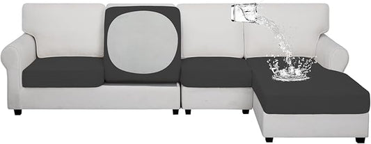 Easy-Going 100% Waterproof 4 Pieces Couch Cushion Covers for Sectional Sofa Left/Right L Shape Chaise Lounge Sofa Seat slipcover Anti-Slip Sofa Cover (3 Seater + 1 Chaise, Dark Gray