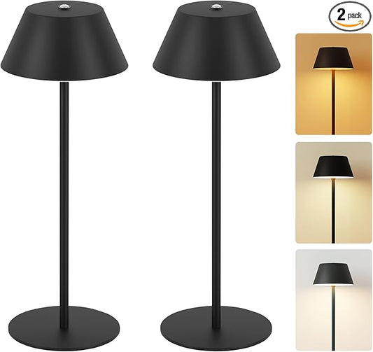 LOFTEK Cordless Table Lamp 2 Pack, 5200mAh Battery, 3 Adjustable Height, 3 Colors Smooth Dimming, Outdoor LED Light Waterproof for Dining Room, Bedroom, Bar, Restaurant, Patio, Camping (Black)