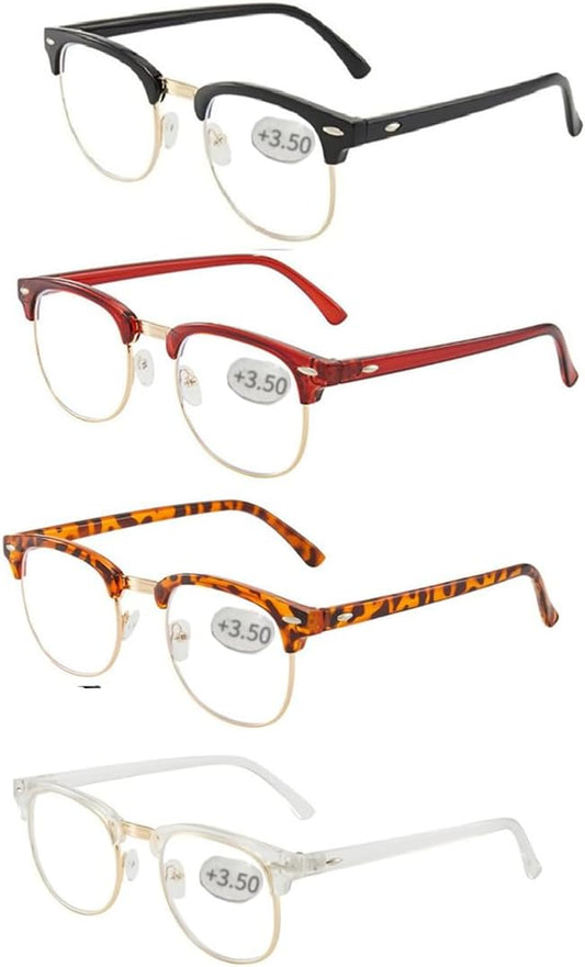 Half frame Retro Semi Rimless Clear Lens Glasses Blue Blocking Eyewear Men Women (4 Pack Reading 3.5 X)