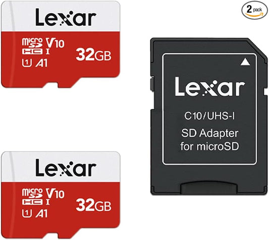 Lexar 32GB Micro SD Card 2 Pack, microSDHC UHS-I Flash Memory Card with Adapter - Up to 100MB/s, U1, Class10, V10, A1, High Speed TF Card (2 microSD Cards + 1 Adapter)