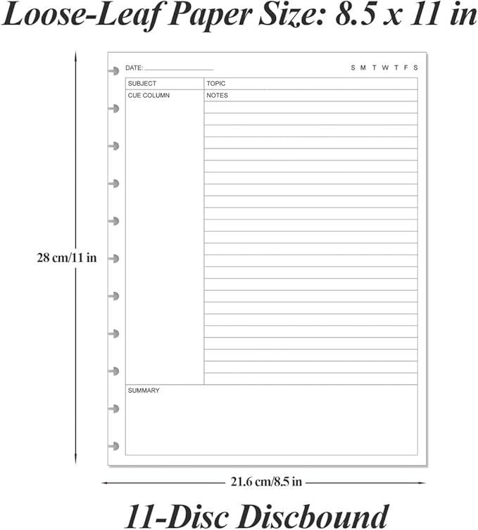 Letter Size Cornell Notes Filler Paper - 11 TUL Disc Cornell Notes Loose Leaf Paper, 50Sheets / 100Pages, 8.5'' x 11''