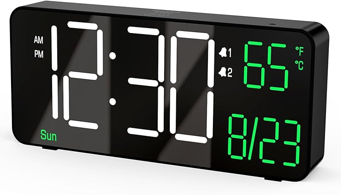 KOSUMOSU Digital Alarm Clocks for Bedrooms,6.7in Black Small Digital Clock for Bedroom, Auto Dimming,Date,Week,Seconds or Indoor Temperature,Desk Clocks for Living Room,LED Alarm Clock Calendar