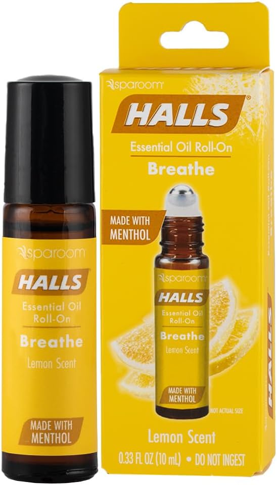 Halls Breathe Essential Oil Roll On Lemon – Uplifting Citrus Blend with Menthol for Stress and Craving Relief, Clean Botanical Aromatherapy for Travel or Home Use, 10mL Pocket-Sized Format