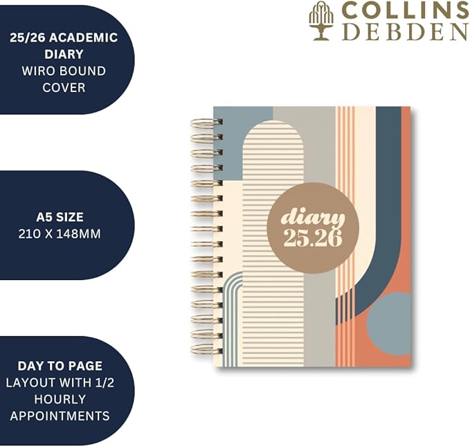 Collins 'Scandi' 14 Month Planner, July 2025-August 2026 Day-to-Page Diary, A5 Hard Cover, Geo Blue
