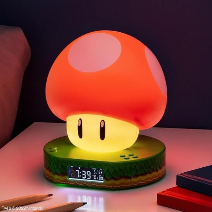 Paladone Super Mario Bros Mushroom Digital Alarm Clock with Power Up Game Sound and Night Light Glow, Licensed Nintendo Lamp for Kids Themed Bedroom and Bedside - 13.7 cm
