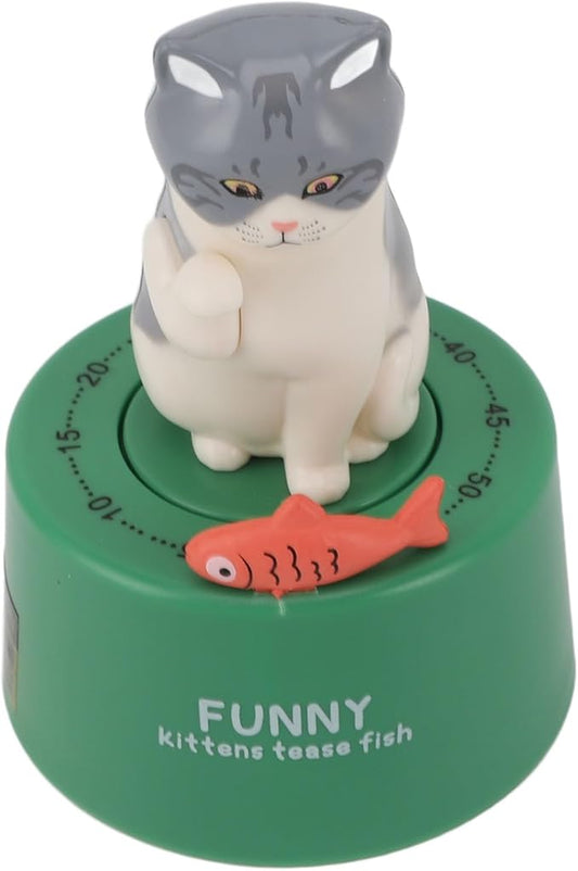 Mechanical Countdown Timer, 60 Minutes Mechanical Kitchen Timer Eco Friendly Loud Alarm Magnetic Base Cute Animal Shape for Kitchen (Kitten with Green Base)