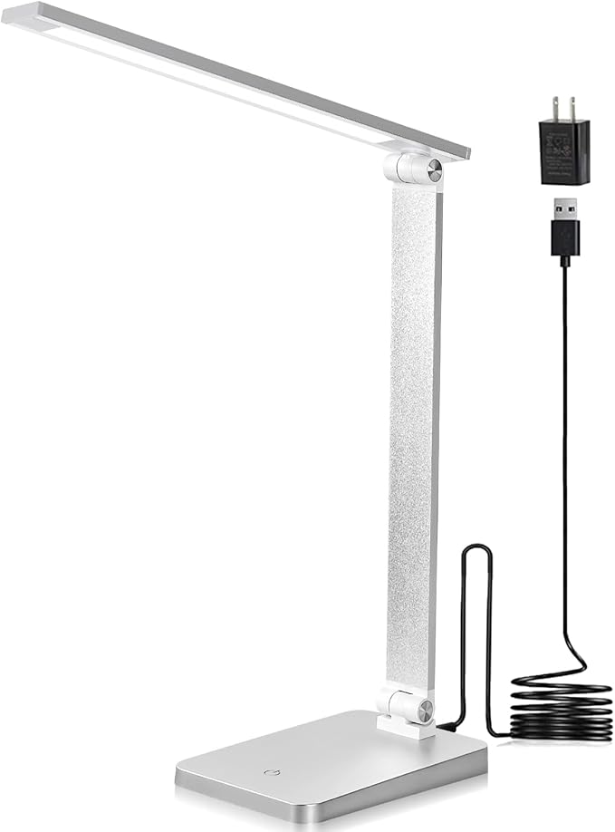 LED Desk Lamp for Home Office, 3 Levels Dimmable Desk Light with USB Charging Port, Small Study Lamp, Reading Light for Table, Silver, 5000K
