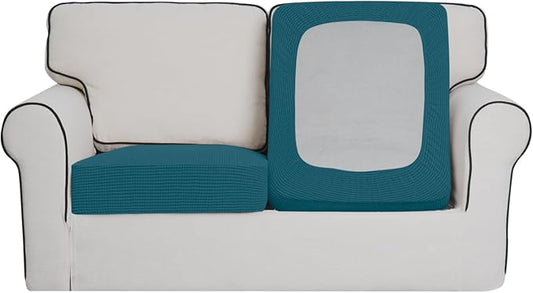 Easy-Going Stretch Individual Loveseat Couch Cushion Cover Sofa Cushion Furniture Protector Sofa slipcover Soft Flexibility with Elastic Bottom (2-Piece Loveseat Cushion Cover, Peacock Blue)