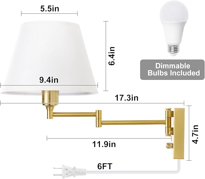 TRLIFE Dimmable Wall Sconce, Remote Control Dimming 10-100% and Adjustable Color Temperature 2700K-6500K Brushed Brass Swing Arm Wall Lights with Plug in Cord, 9.4" Medium White Shade(2 Pack, 2 Bulbs)