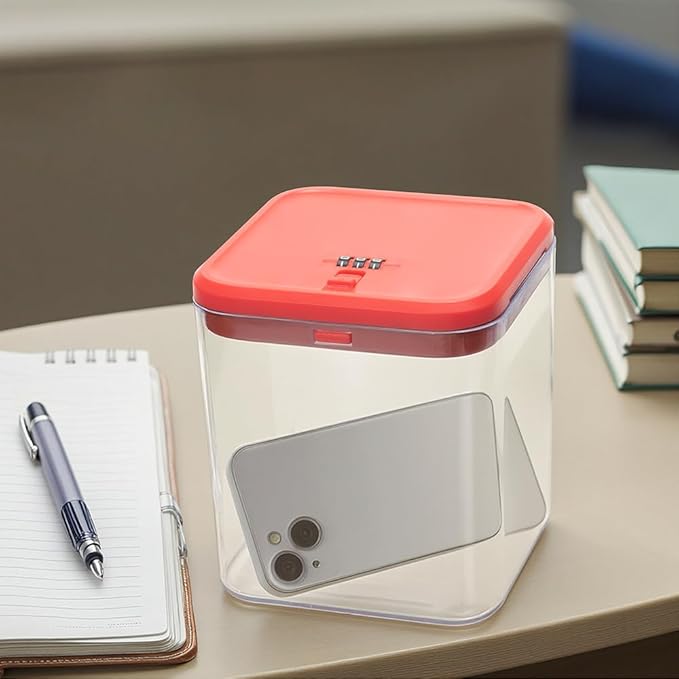 Clear Lockable Storage Box for Medicine Safe,Food Jar,Snacks,Phone - Secure Lock Box Refrigeator Container Bin Store Tank with Combination for Kitchen,Home,Office,Hospital (5.6×5.6×6.3 In) (Red)