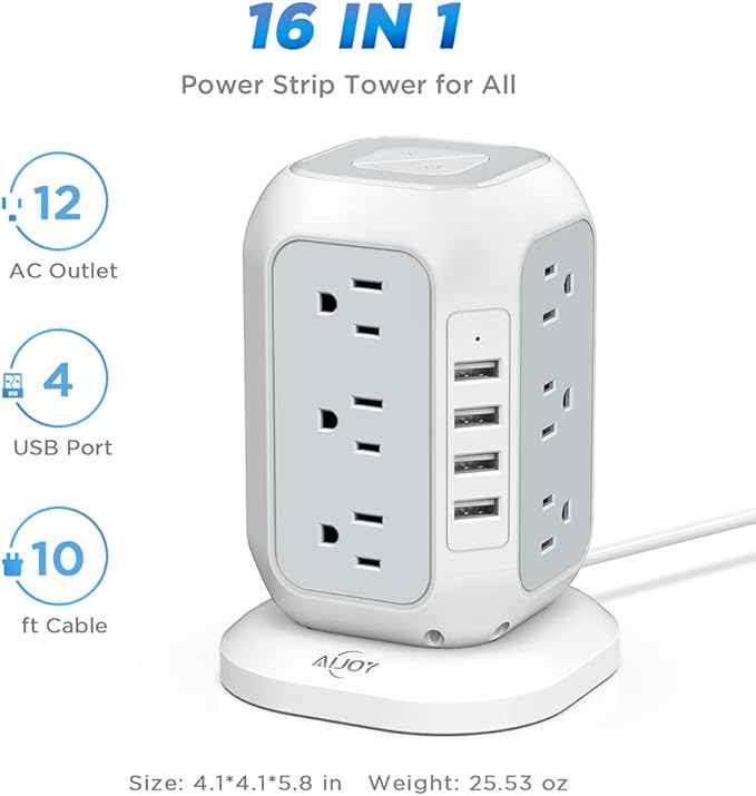 Power Strip Tower with USB Ports-AiJoy Surge Protector with 12 AC Outlet and 4 USB Ports, 10 Feet Extension Cord, USB Charging Station with Overload Protection, Office Desk Supplies, Dorm Essentials
