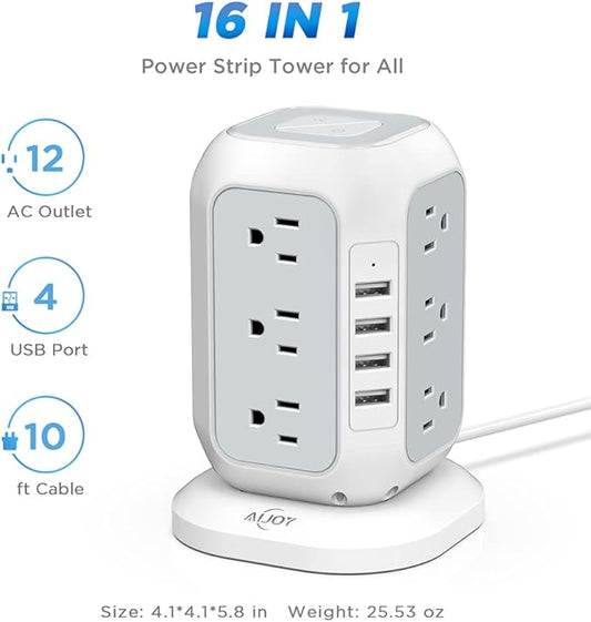 Power Strip Tower with USB Ports-AiJoy Surge Protector with 12 AC Outlet and 4 USB Ports, 10 Feet Extension Cord, USB Charging Station with Overload Protection, Office Desk Supplies, Dorm Essentials