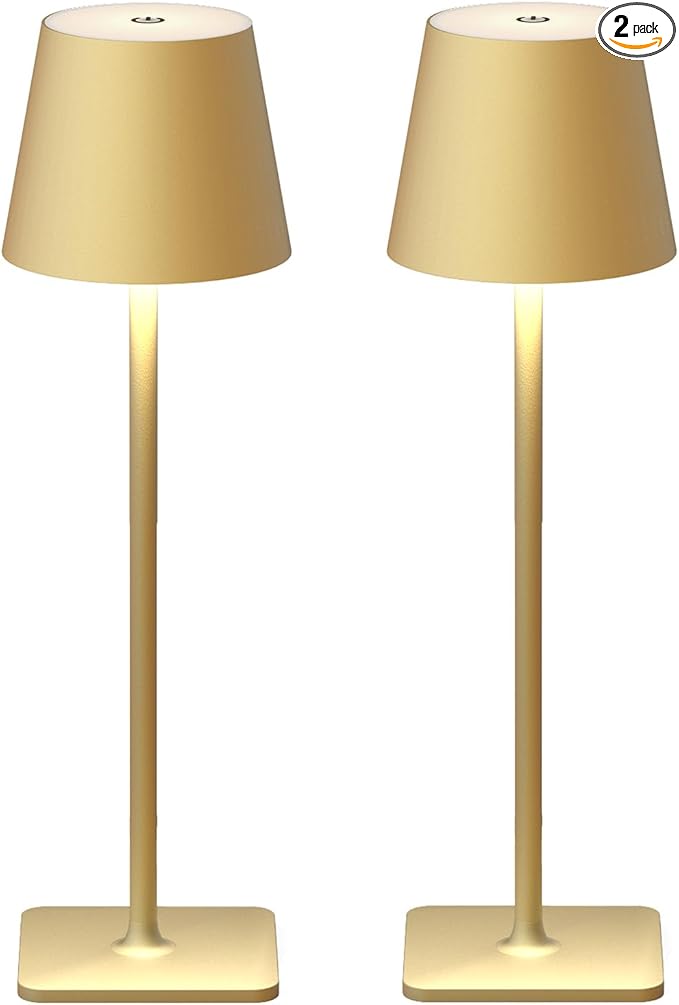 2 Pack Rechargeable Table Lamps, Gold Cordless Lamps - Battery Operated Touch Lamp, Outdoor Table Lights, Waterproof, Wireless, Portable Desk Lamp for Restaurant, Bedroom, Patio(Gold)