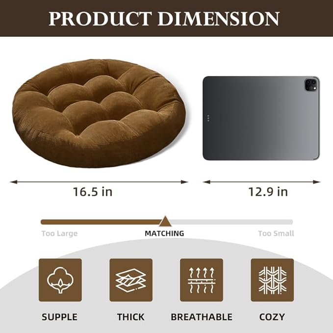 Meditation Floor Pillow Set of 2 Large Round Floor Cushions for Adults Tufted Corduroy Floor Seat Pillows Cushion for Living Room,Brown 16.5" Lx16.5 Wx3 H
