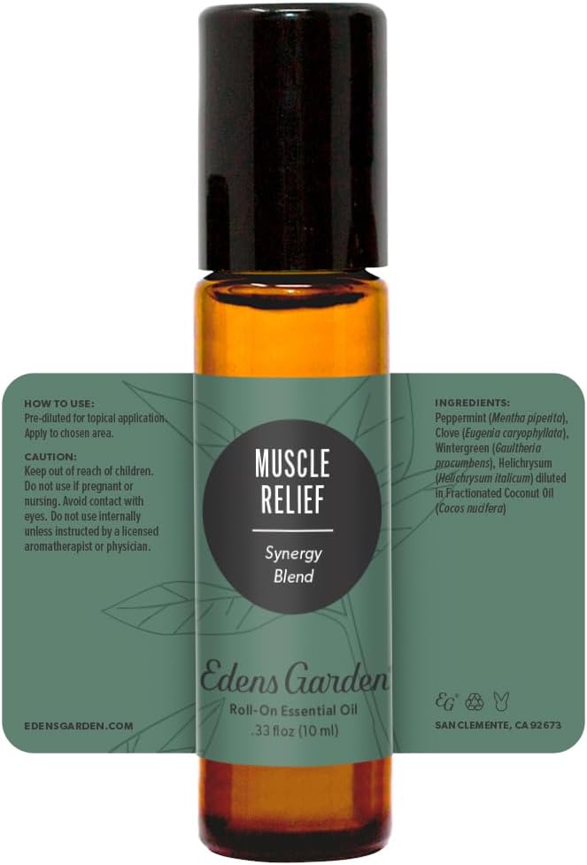 Edens Garden Muscle Relief Essential Oil Roll-On Blend- 100% Pure Premium Grade, Natural, Therapeutic, Aromatherapy, Kid & Skin Safe, The Best for Body, Comfort, Tension Pre-Diluted 10 ml (.33 fl oz)