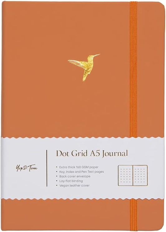 Yop & Tom Bullet Dotted Journal (A5) - Hummingbird - Dot Grid Notebook With Extra Thick Paper (160 GSM) - Burnt Orange