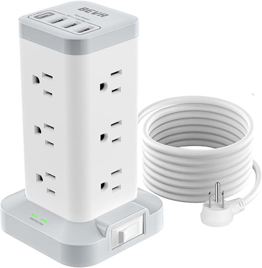 BEVA Power Strip Tower with USB Ports, 6.5 FT Surge Protector Power Tower, 12 AC and 4 USB Ports, 6.5 FT Extension Cord with Multiple Outlets, Office Supplies Office Organization