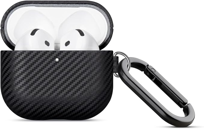 Leather Case for AirPods 4 / AirPods 4 with Active Noise Cancellation Case Cover with Keychain - Selected Skin-Friendly Leather, Carbon Fibre Texture, Handmade Shockproof Hard Cover - Black