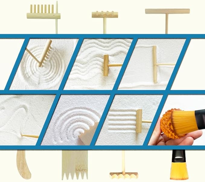 Japanese Zen Garden Kit for Desk, Bamboo Sand Garden Meditation Therapy Tray Gift Set, Mini Zen Décor Office Desktop Accessories - 2 Textured Spheres, Incense with Holder