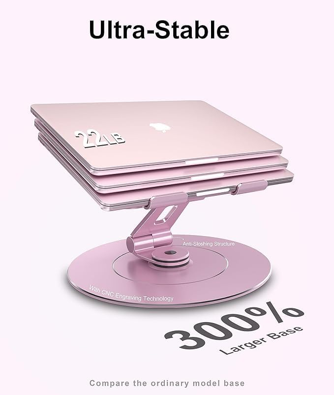 Ultra-Stable Aluminumy Swivel Laptop Stand for Desk with Rotating Foldable Phone Holder, 300% Larger Base, Stylish Computer Stand for Women, Men Office, Fits 10-17.3" Laptops, Pink