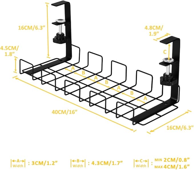 Under Desk Cable Management Trays 2 Pack, 16" Clamp Mounted Cord Organizer Holder Wire Organization No Drill Holes Needed for Computer Home Office Standing Tables to Conceal Power Strips