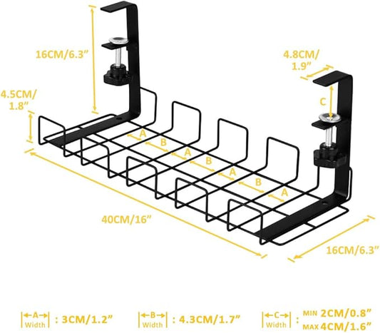Under Desk Cable Management Trays 2 Pack, 16" Clamp Mounted Cord Organizer Holder Wire Organization No Drill Holes Needed for Computer Home Office Standing Tables to Conceal Power Strips