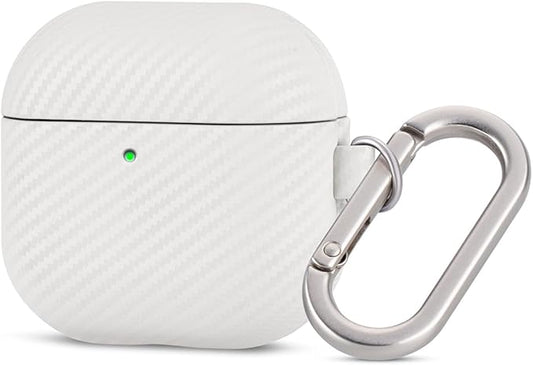 Leather Case for AirPods 4 / AirPods 4 with Active Noise Cancellation Case Cover with Keychain - Selected Skin-Friendly Leather, Carbon Fibre Texture, Handmade Shockproof Hard Cover - White