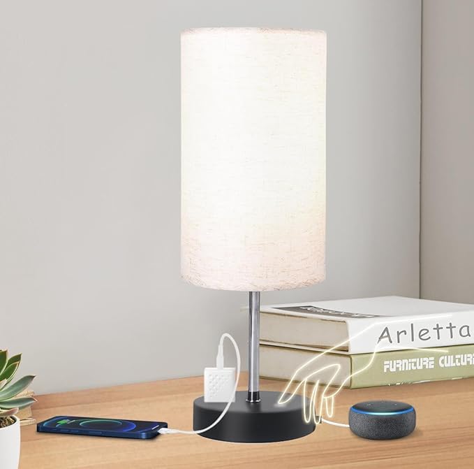 Touch Table Lamp for Bedroom, 3 Way Dimmable Bedside Lamp with USB C+A Ports and Linen Shade, Small Lamps for Night Stands Living Room Office, LED Bulb Included (Beige)