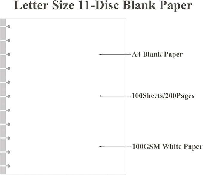 Letter Size Blank Refill Paper, 11-Disc Discbound Blank Paper, 100Sheets / 200Pages TUL Blank Filler Paper, 100gsm White Paper, 8.5'' x 11''