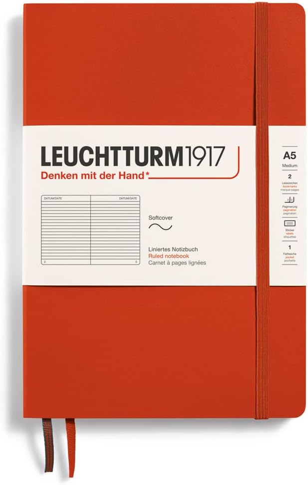 LEUCHTTURM1917 - Notebook Softcover Medium A5-123 Numbered Pages for Writing and Journaling (Fox Red, Ruled)