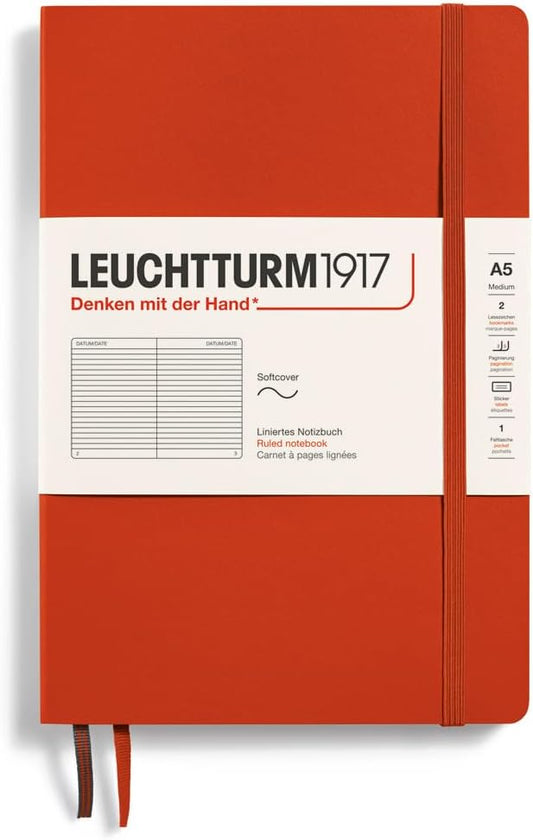 LEUCHTTURM1917 - Notebook Softcover Medium A5-123 Numbered Pages for Writing and Journaling (Fox Red, Ruled)