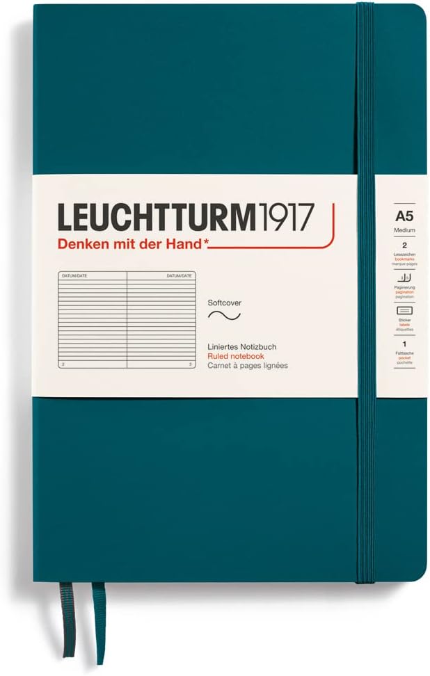 LEUCHTTURM1917 - Notebook Softcover Medium A5-123 Numbered Pages for Writing and Journaling (Ruled, Pacific Green)
