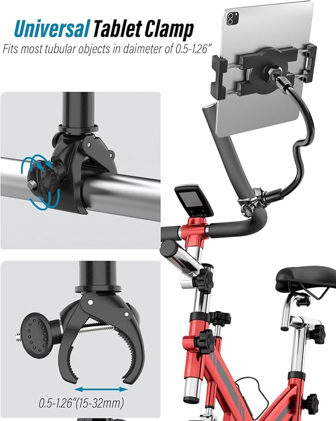 Gooseneck Spin Bike Tablet Holder, Handlebar Clamp Tablet Mount for Stroller, Wheelchair, Indoor Peloton, Treadmill, Stationary Exercise Bicycle, Elliptical, for 4-13" iPad Pro Air Mini, Galaxy, Fire