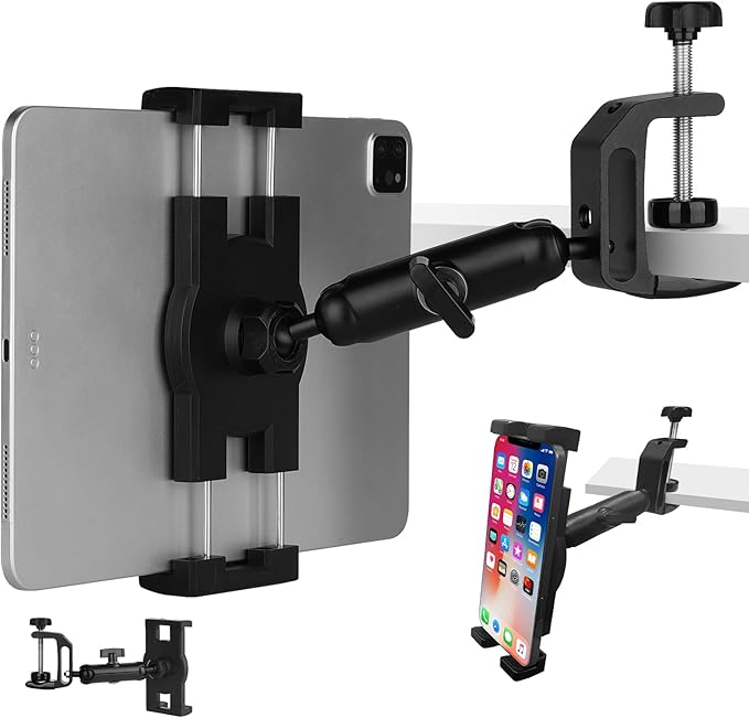 Under Cabinet Tablet Mount, Kitchen Tablet Holder iPad Mount for Desk/Table/Board/Chair,Compatible with 4.7~12.9" iPad/Nexus/LG G Pads/e-Reader/Switch/iPhone,360° Adjustable Aluminum Alloy Arm Stand