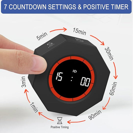 Octagon Digital Productivity Timer, Rotating Pomodoro Timer with Gravireceptor 1-3-5-15-30-60-90 Min Countdown, Mute&Adjustable Volume Countup/Down Timer for Study Office Kitchen Desk, Black