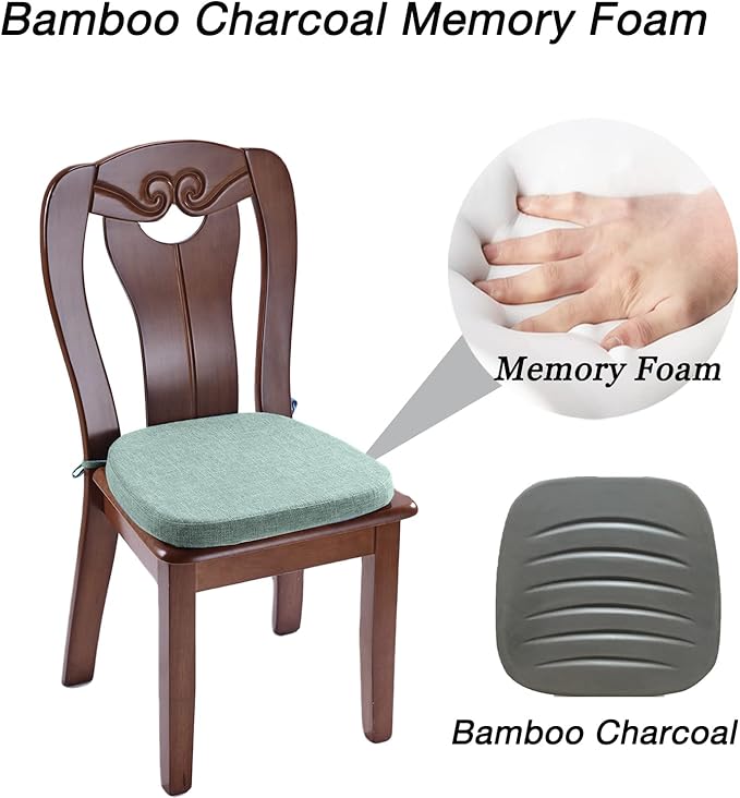 4 Pack Kitchen Chair Cushions with Ties - Memory Foam No Slip Seat Cushion and Dining Room Chair Pad with Machine Washable Cover [16.5 X 16.2 Inches] - (Lake Green,4)