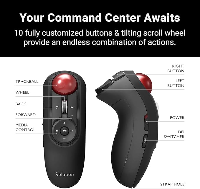 ELECOM Relacon Handheld Trackball Mouse, Thumb Control, 2.4GHz Wireless, Ergonomic Design, 10-Button Function with Smooth Tracking, Windows11, MacOS (M-RT1DRBK)