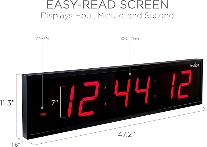 Ivation Huge Oversized 48" Large Digital LED Clock | Big Digital Clock w/Multi-Function Display – Stopwatch, Timer, Alarms, Temp & Date | 6 Brightness Levels, Time Memory & Remote (Red)