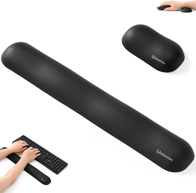 UnivoColors Design-Wave Set of Wrist Rest,Artificial Sheepskin+Memory Foam+Ergonomic+Anti-Slip Gel, Resilience Support During Work and Gaming,Keyboard Accessory,Black