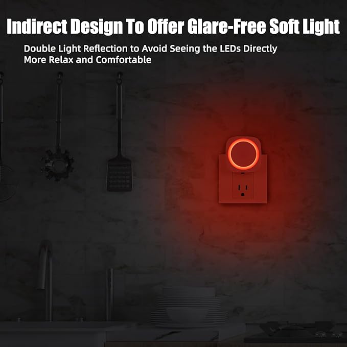 LED Night Lights Plug into Wall, Indirect Soft Dimmable Night Light with Dust to Dawn Sensor, Red Nightlight for Bedroom,Bathroom,Kitchen,Stairs,Hallway,Travel, 4 Packs, Red