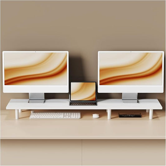Large Dual Monitor Stand Riser 43.3IN，White Home Office Storage For Desk Accessories，Solid Wod Desk With Adjustable Legs For computer/PC/Laptop/Printer/Container/dressing table