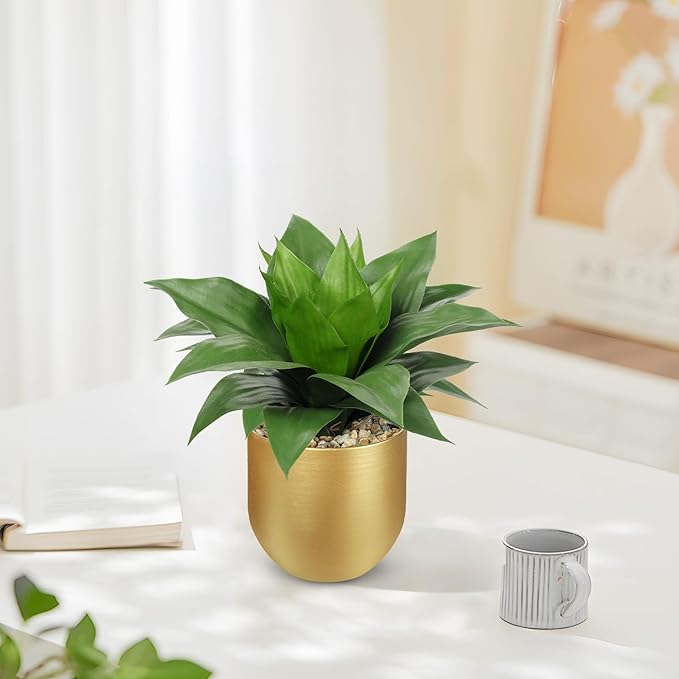 Briful Agave Artificial Wide Leaf Plant in Gold Pot – 10.2” Tall Faux Greenery with Lush Plastic Leaves & Pebble Base, Fake Plant Decor for Indoor Tabletop, Office Desk, Bathroom Shelf