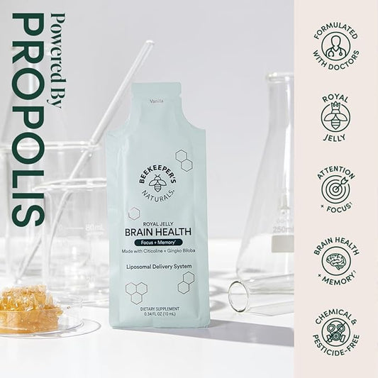 Nootropic Brain supplement by Beekeeper's Naturals, 500 mg Citocoline, Ginkgo Biloba, Bacopa Monnieri & Royal Jelly, Supports Focus & Memory, Easier Absorption, Plus a Tasty Vanilla Flavor, 10ct