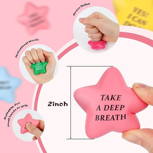 POPLAY 24PCS Inspirational Stress Relief Balls, 2inch Star Stress Balls Colorful Foam Squeeze Balls Motivational Stress Balls for Kids Adults Anxiety Fidget Sensory
